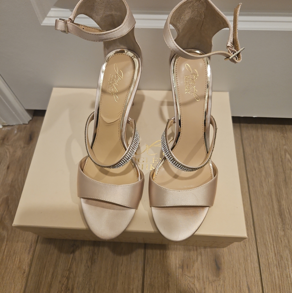 Badgley Mischka Champagne Satin Crystal-Accent Ankle-Strap Heels